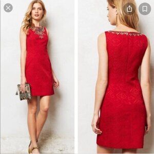Anthropologie Moulinette Soeurs Red Jeweled/Sequined Neck Holiday Dress, Size: 0
